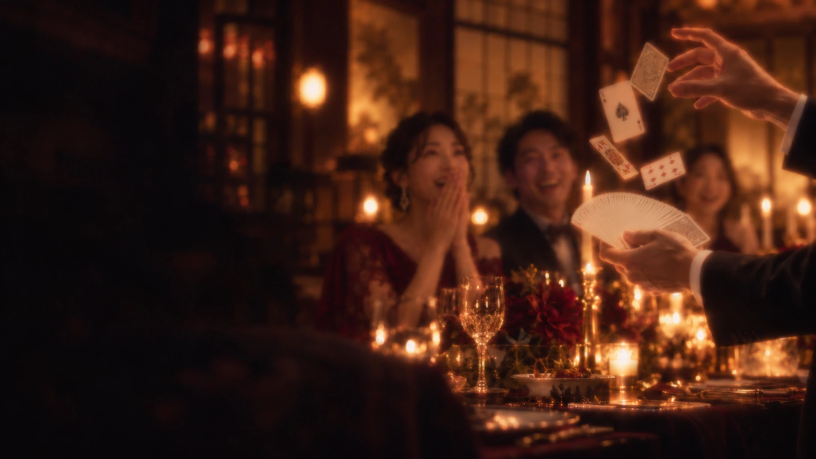 灯りのともる食卓で、マジックに笑顔を見せるゲストたち。柔らかなぼかしを施したブランドイメージ。